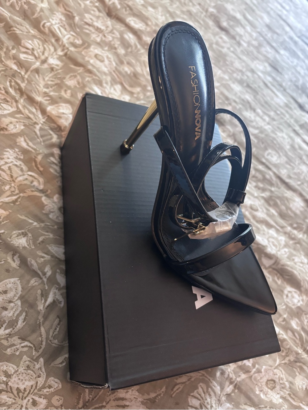 Fashion Nova Black Patent Strappy Pointed Stiletto Sandals with Gold Heel